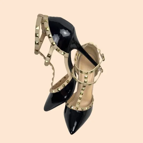 Wild Diva Lounge 64 Sexy Stud Patent Leather Stiletto Black Beige Heels Size 9 - Picture 13 of 16